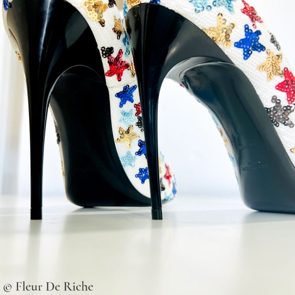 Saint Laurent Palace 105 White Sequin High Heels - Picture 7 of 9